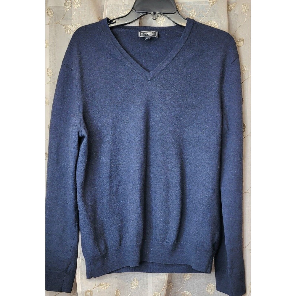 Womens Express Long Sleeve Navy Merino Wool Vee Neck Sweater XL runs small